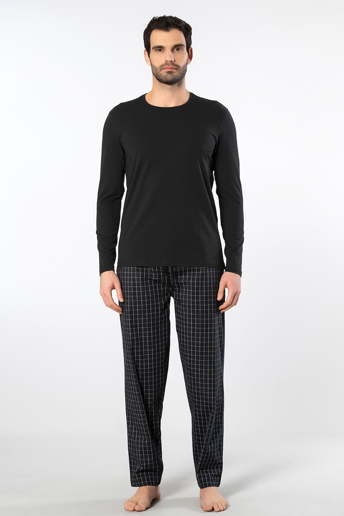Ekoseli Uzun Kollu Pamuklu Erkek Pijama Takımı Cacharel 2239 - Siyah 2