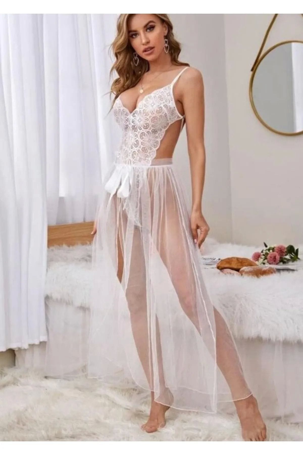 Dantelli Tül Etekli Gecelik Beyaz Nathalie 1748 - Beyaz