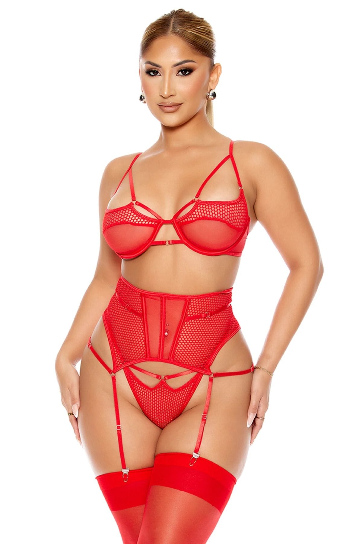 For Dreams Fantezi File Tül Kadın Jartiyer Takım Kırmızı For Dreams 8610