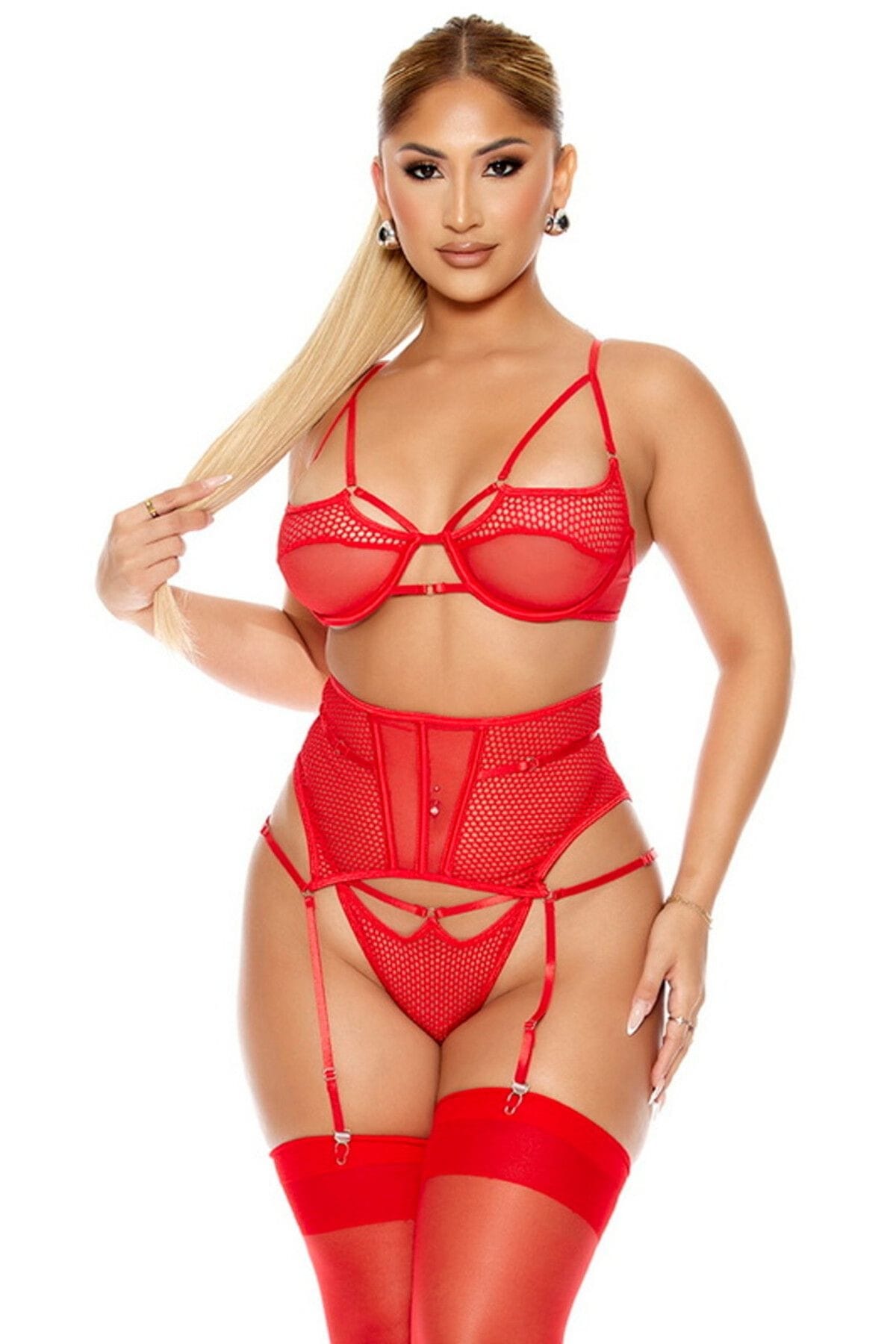 For Dreams Fantezi File Tül Kadın Jartiyer Takım Kırmızı For Dreams 8610 - Görsel 3