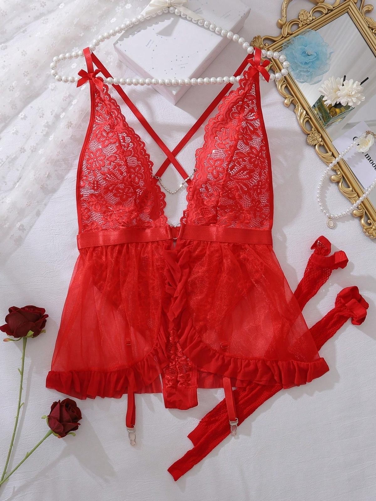 Dantel Detaylı Tasarım Fantezi Jartiyer Takım Ruselin 2234 - Kırmızı