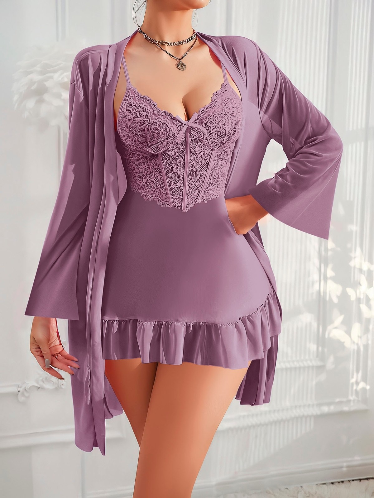 Fırfırlı Dantelli Tül Gecelik Sabahlık Takım Mor Pink Night 1537 - Mor