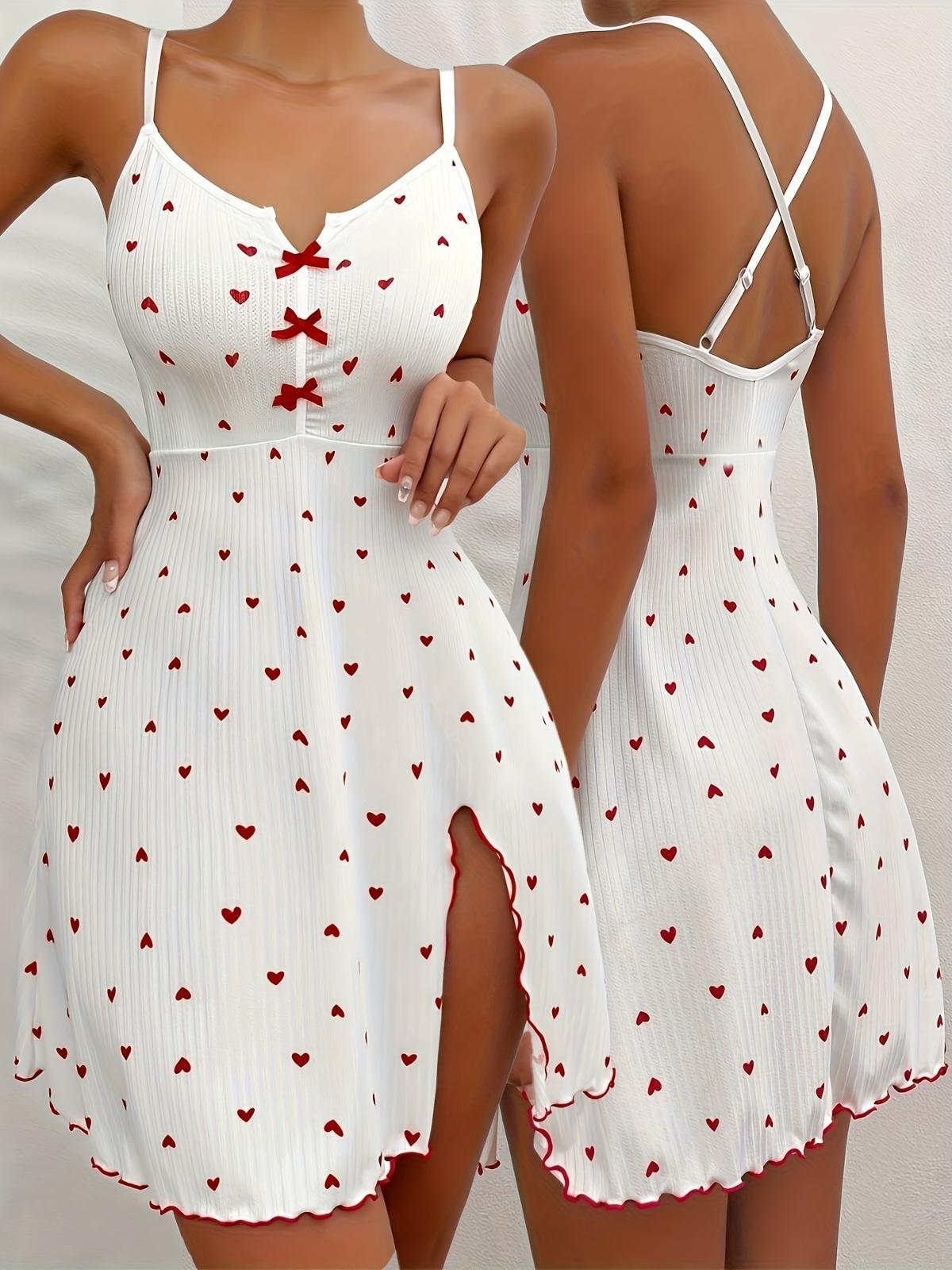 Fitilli Kumaş Yırtmaçlı Kalpli Kısa Gecelik Ruselin 5066 - Beyaz