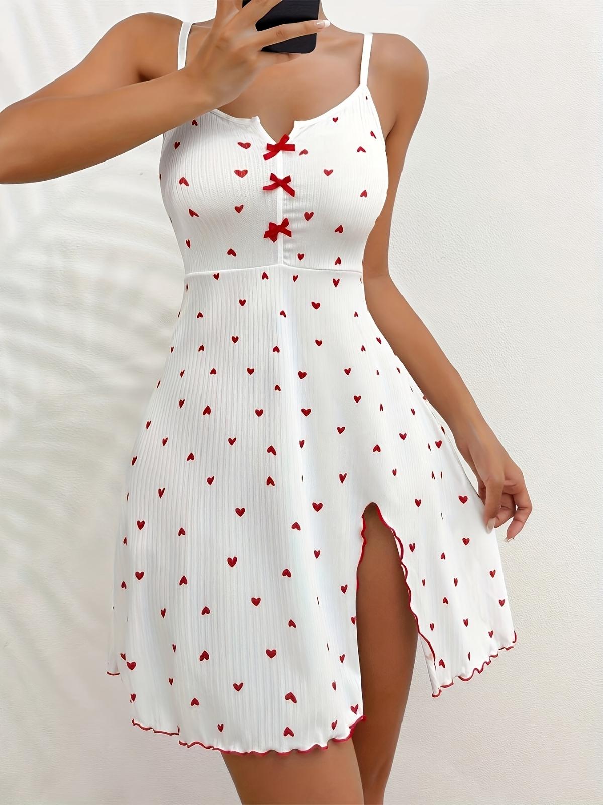 Fitilli Kumaş Yırtmaçlı Kalpli Kısa Gecelik Ruselin 5066 - Beyaz