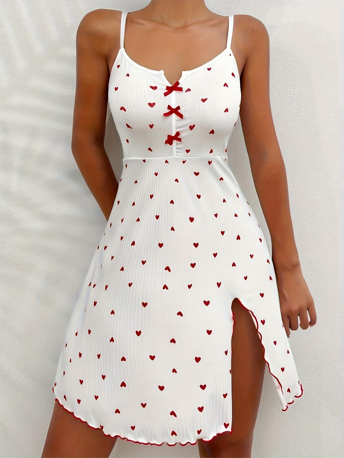 Fitilli Kumaş Yırtmaçlı Kalpli Kısa Gecelik Ruselin 5066 - Beyaz