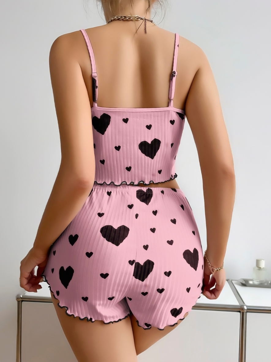 Fitilli Pembe Kalpli İnce Askılı Şort Pijama Takım Lily Bianca 13077 - Pembe