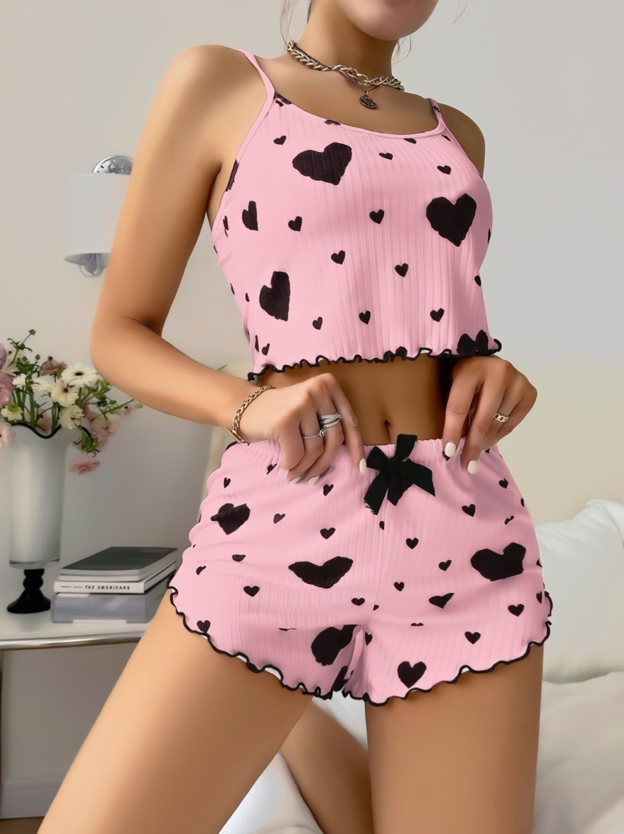 Fitilli Pembe Kalpli İnce Askılı Şort Pijama Takım Lily Bianca 13077 - Pembe