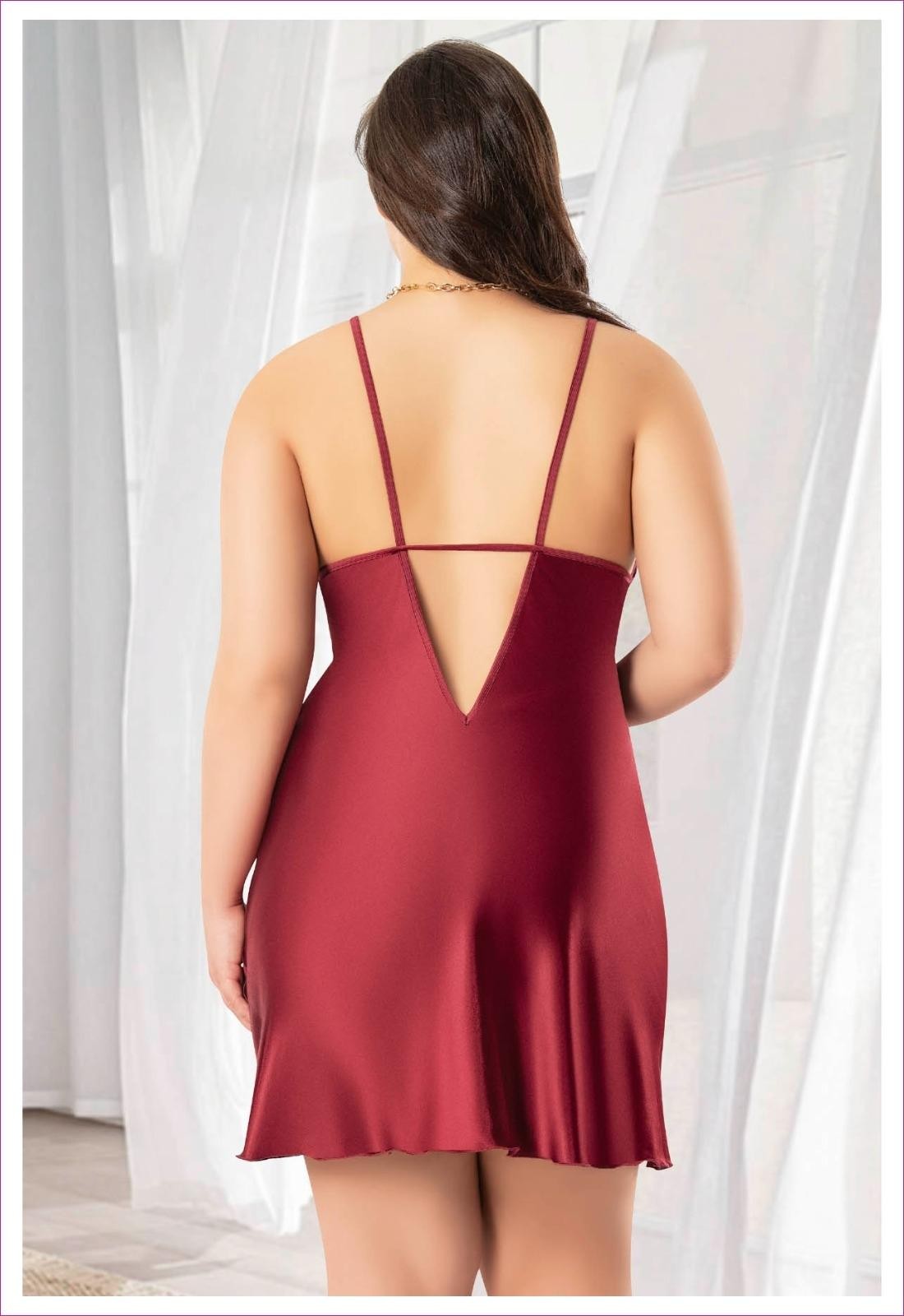 Fiyonklu Dantelli Sırt Dekolteli Büyük Beden Gecelik Pembe Miss Laris 4045 - Bordo
