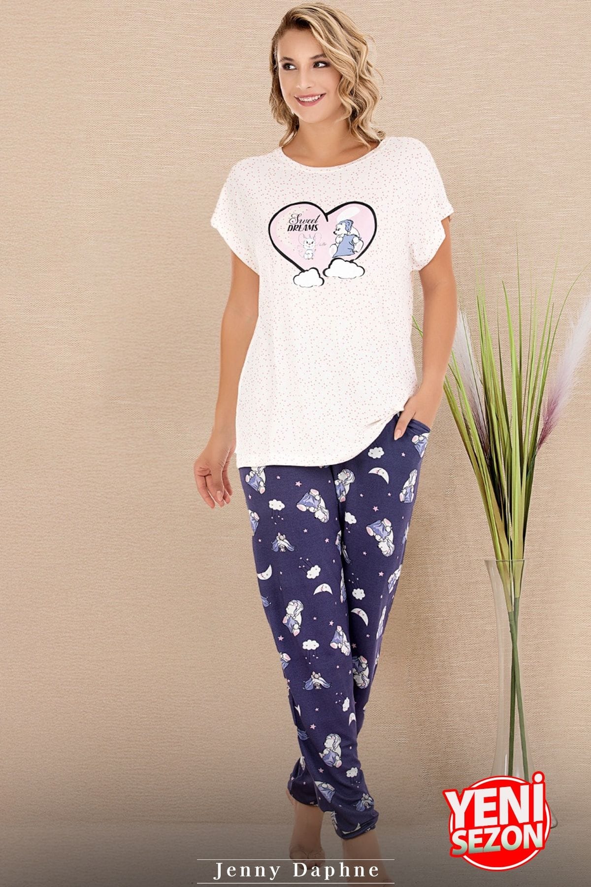 Desenli Kısa Kol T-Shirt Pijama Takımı Lady 12584 - Beyaz