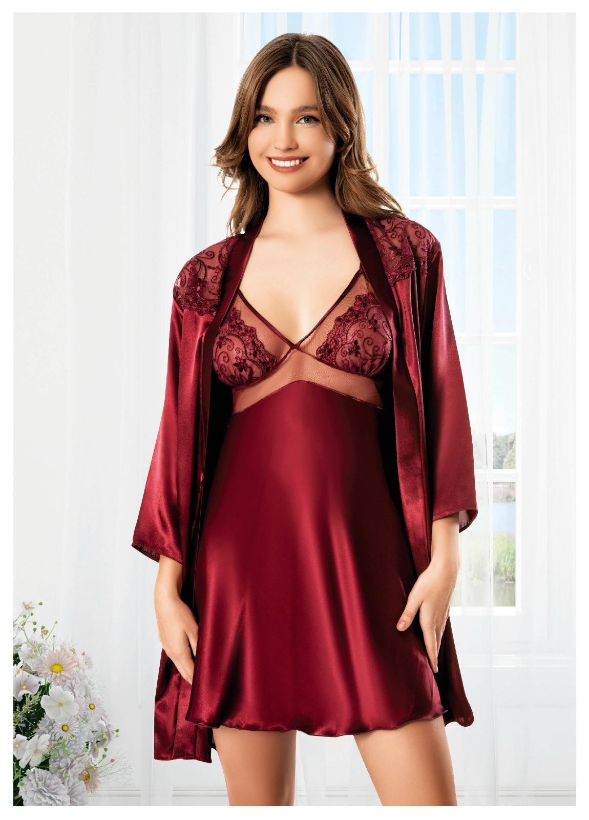 Dantelli Transparan Uzun Kollu Gecelik Takımı Miss Laris 5066 - Bordo