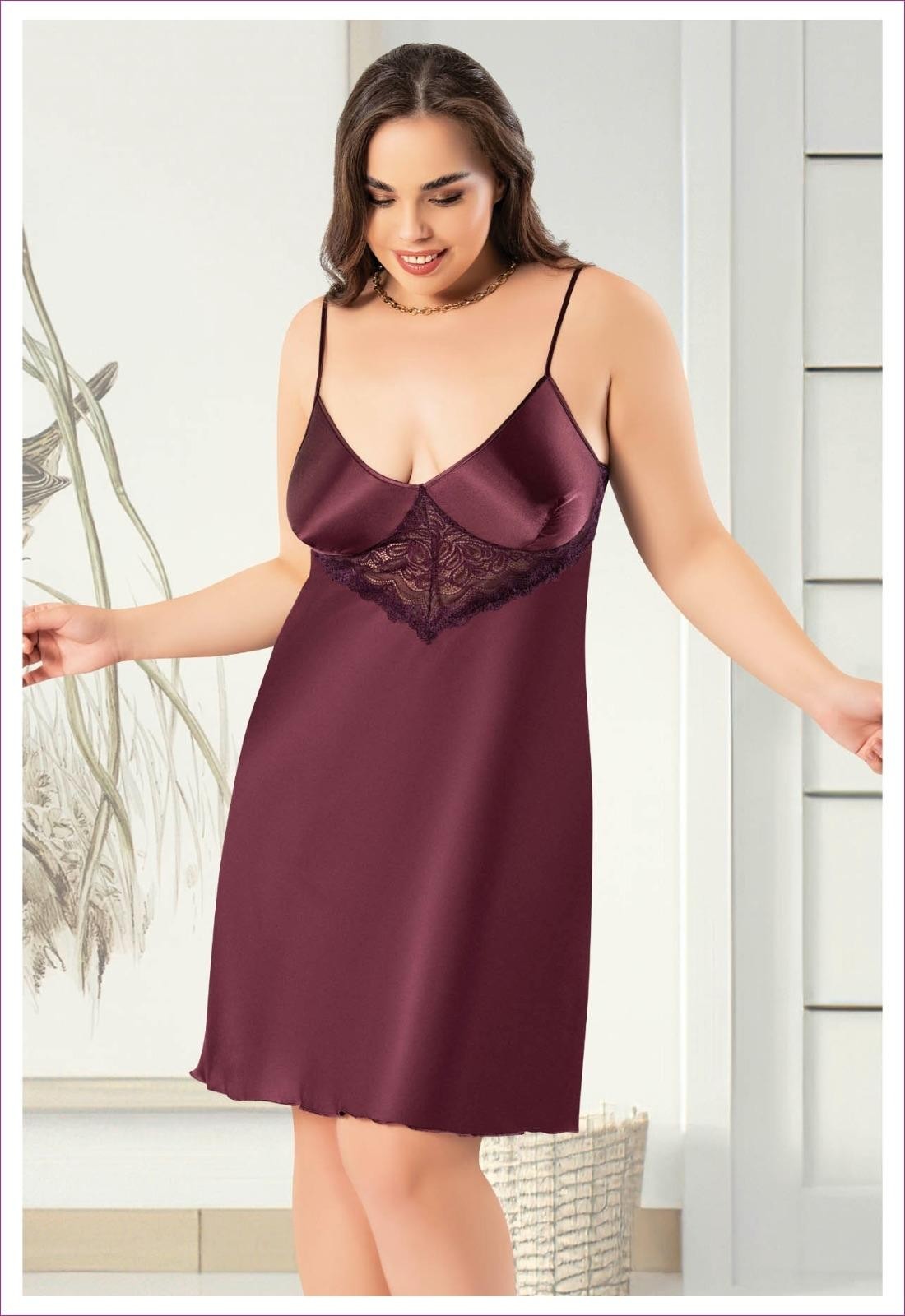 Dantelli İnce Askılı Büyük Beden Saten Gecelik Pembe Miss Laris 4043 - Bordo