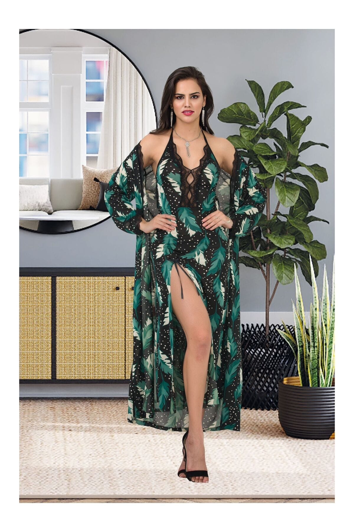 İzabel Göğüs Dekolteli Yaprak Desenli Uzun Sabahlık Gecelik Takımı İzabel 6012