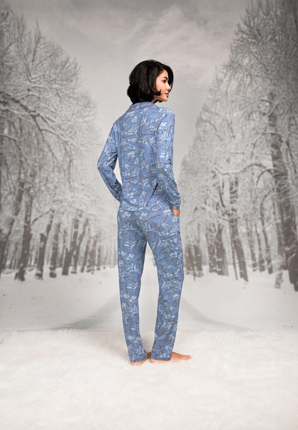 Gömlek Yaka Düğmeli Uzun Kollu Kadın Pijama Takım Sarı Doreanse 26K4106 - Mavi