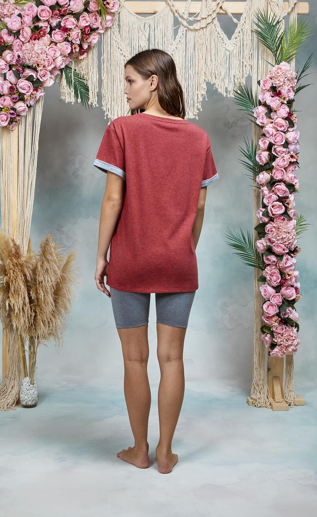 Pamuklu Gri Melanj Tayt Bordo T-Shirt Pijama Takımı Doreanse 25Y4076 - Gri