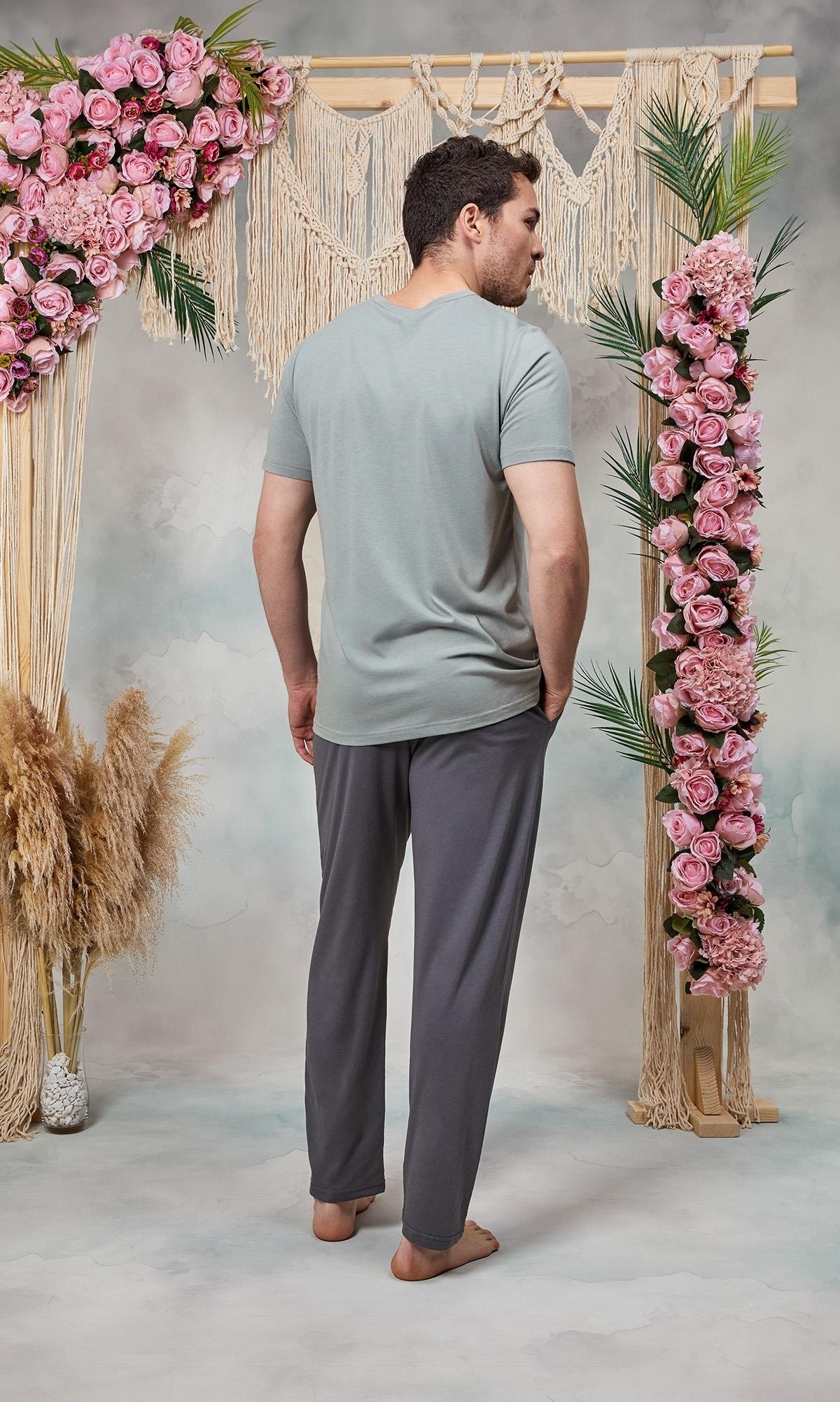 Uzun Kollu Pamuklu Gri Yazı Baskılı Pijama Takımı Doreanse 254574 - Gri