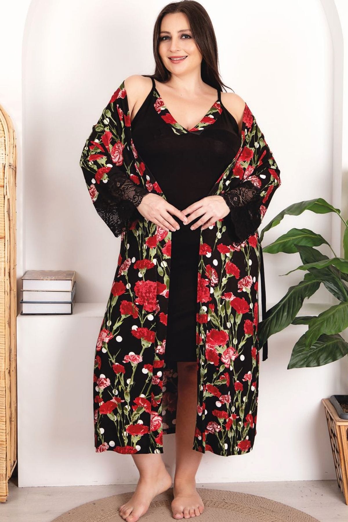 Gül Desen Viskon Kadın Pijama Takımı Lady 19224 - Siyah