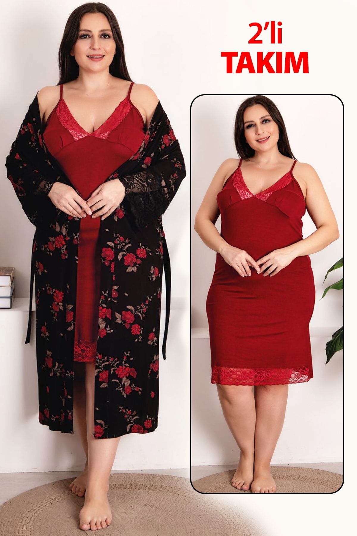 Gül Desenli Şortlu Gecelik Sabahlık Takımı Lady 19226 - Kırmızı