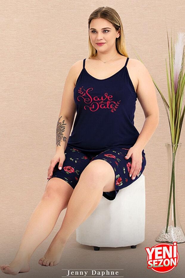 Ekru Gül Desenli İnce Askılı Şortlu Pijama Takımı Lady 10443 - Lacivert