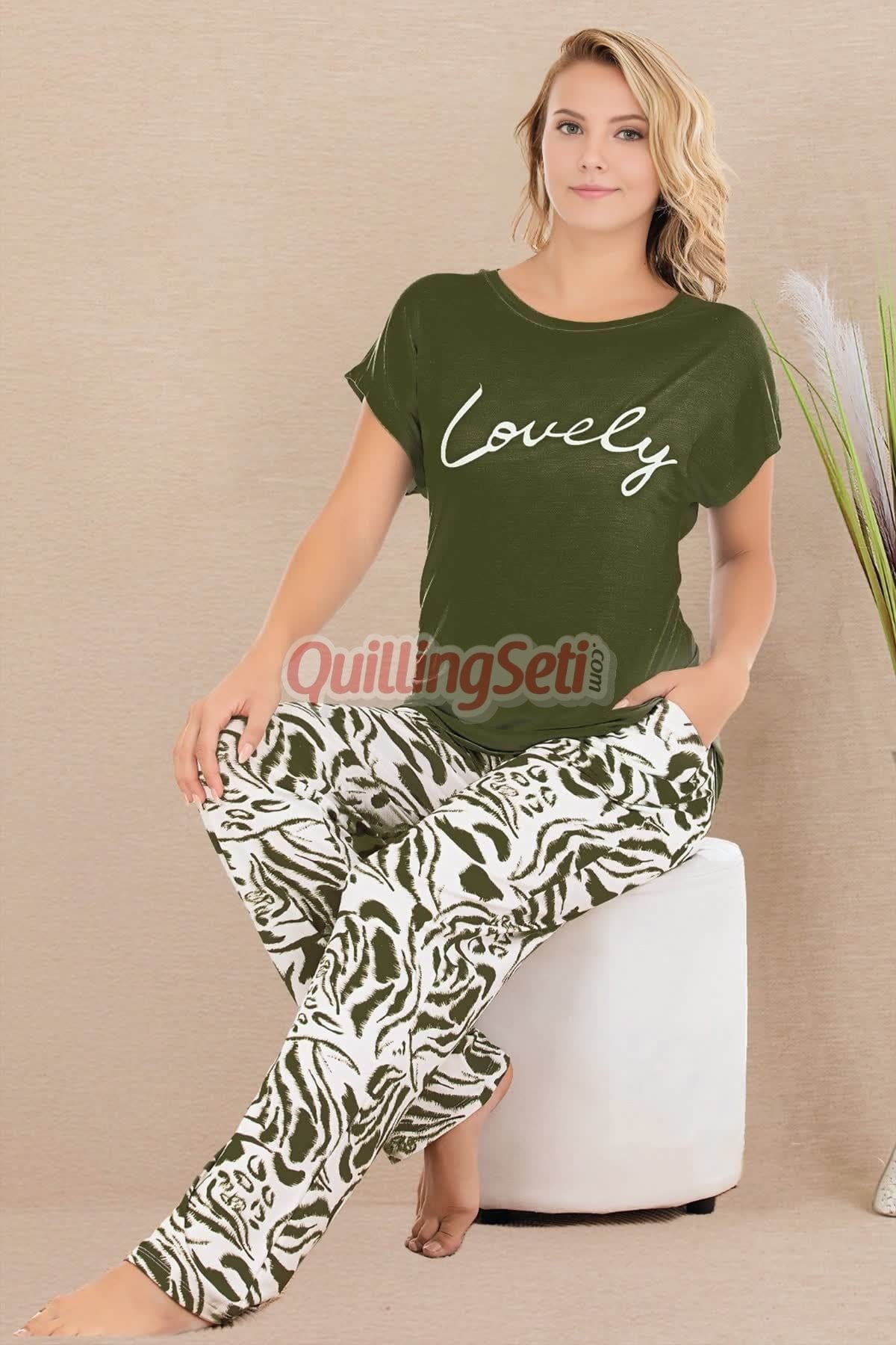 Pamuklu Kısa Kol Pijama Takımı Haki Lady 12531 - Yeşil