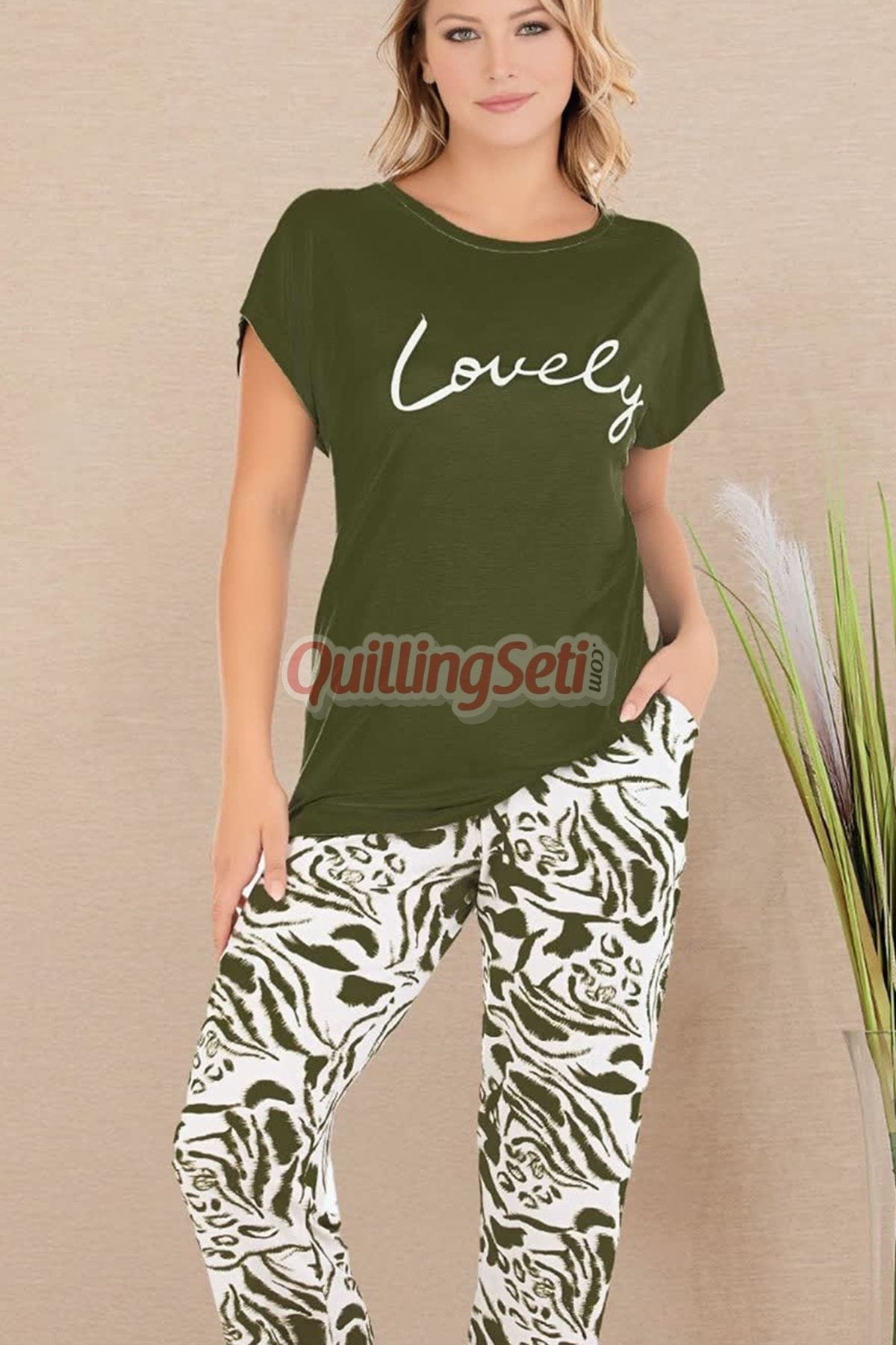 Pamuklu Kısa Kol Pijama Takımı Haki Lady 12531 - Yeşil