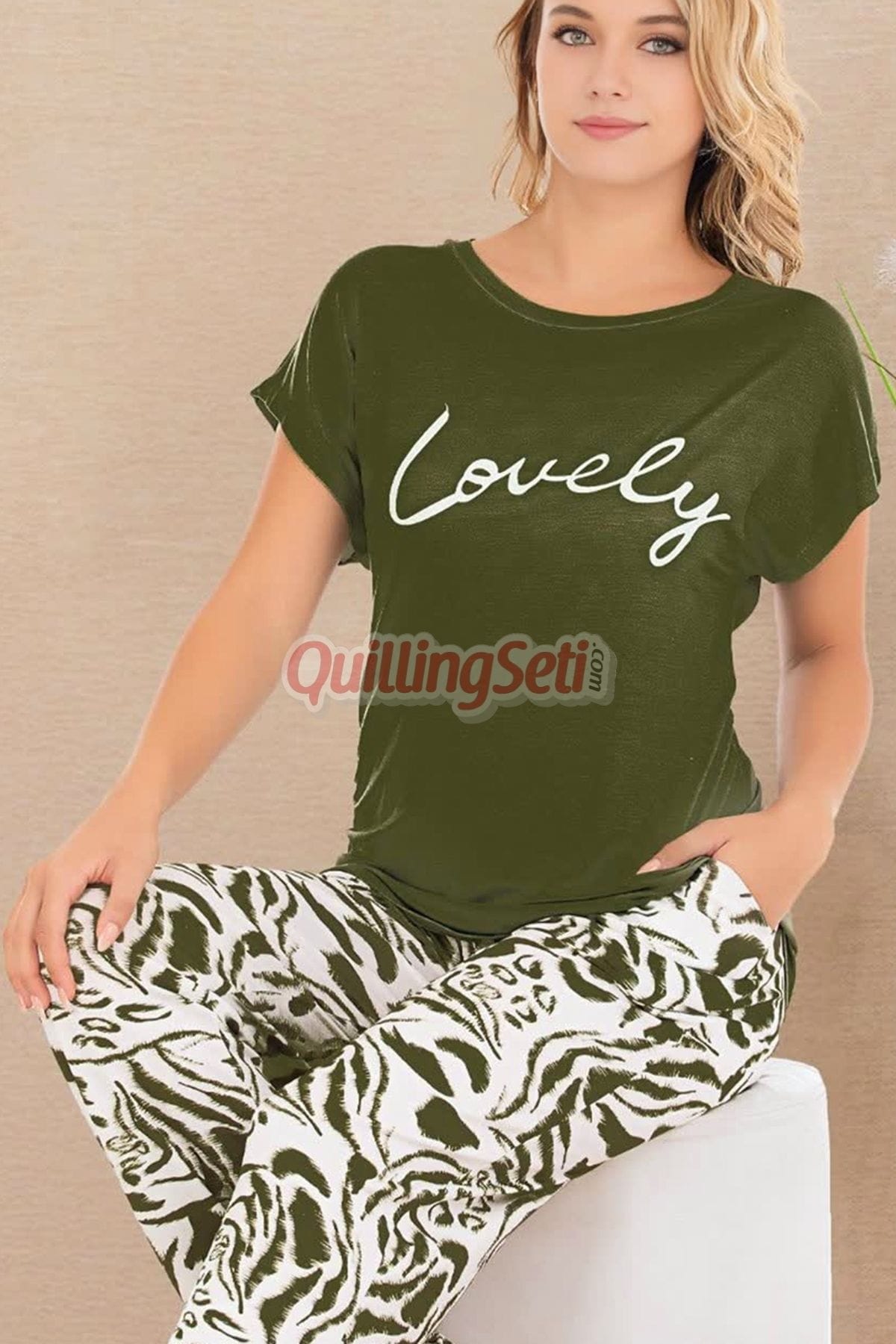 Pamuklu Kısa Kol Pijama Takımı Haki Lady 12531 - Yeşil