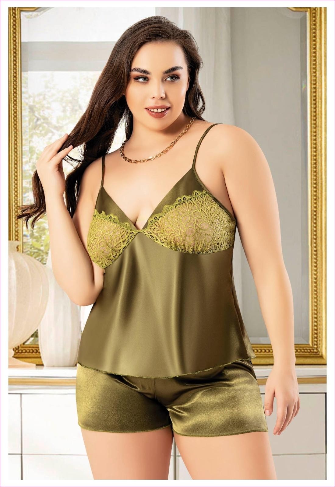 Dantelli Büyük Beden İnce Askılı Saten Şort Pijama Takımı Miss Laris 4230 - Yeşil