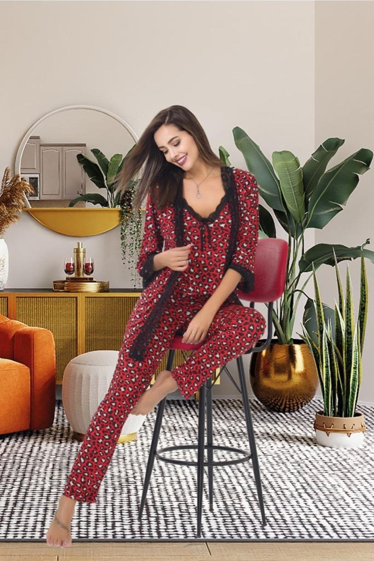 Dantelli İnce Askılı Sabahlık Takımı İzabel 5004 - Bordo