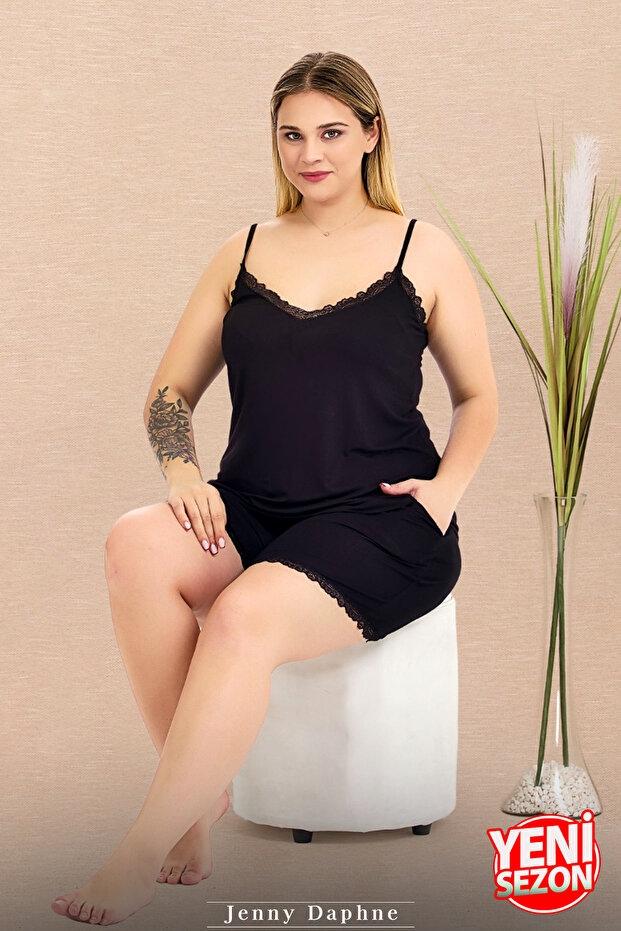 Dantelli İnce Askılı Şortlu Pijama Takımı Lady 10445 - Siyah