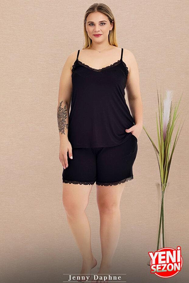 Dantelli İnce Askılı Şortlu Pijama Takımı Lady 10445 - Siyah