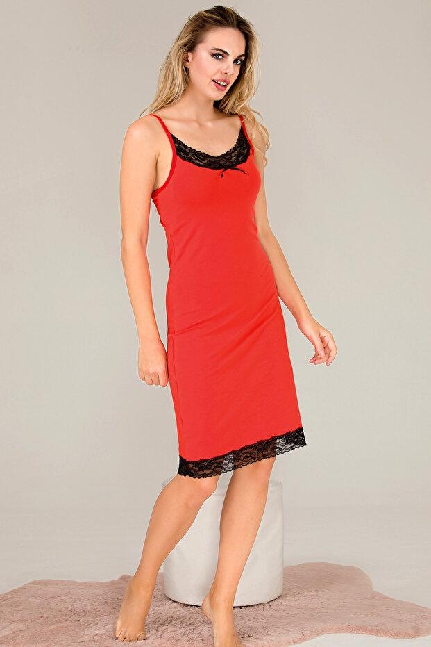 Dantelli İnce Askılı Gecelik Kadın Gecelik Lady 5516 - Kırmızı