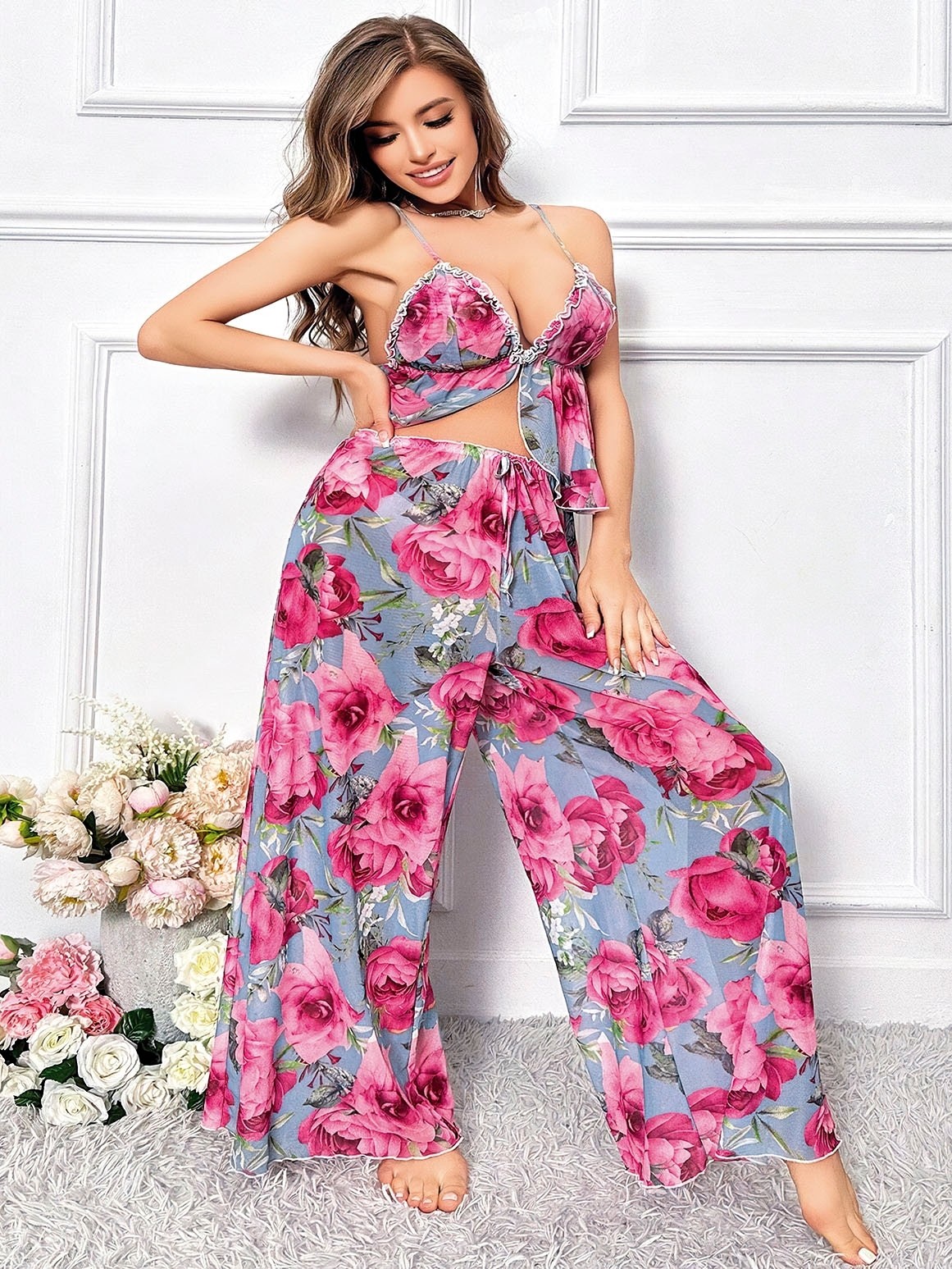 İnce Askılı Geniş Kesim Leopar Desenli Pijama Takımı Pink Night 6957 - Pembe
