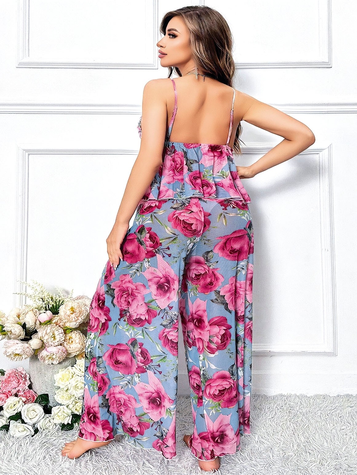 İnce Askılı Geniş Kesim Leopar Desenli Pijama Takımı Pink Night 6957 - Pembe