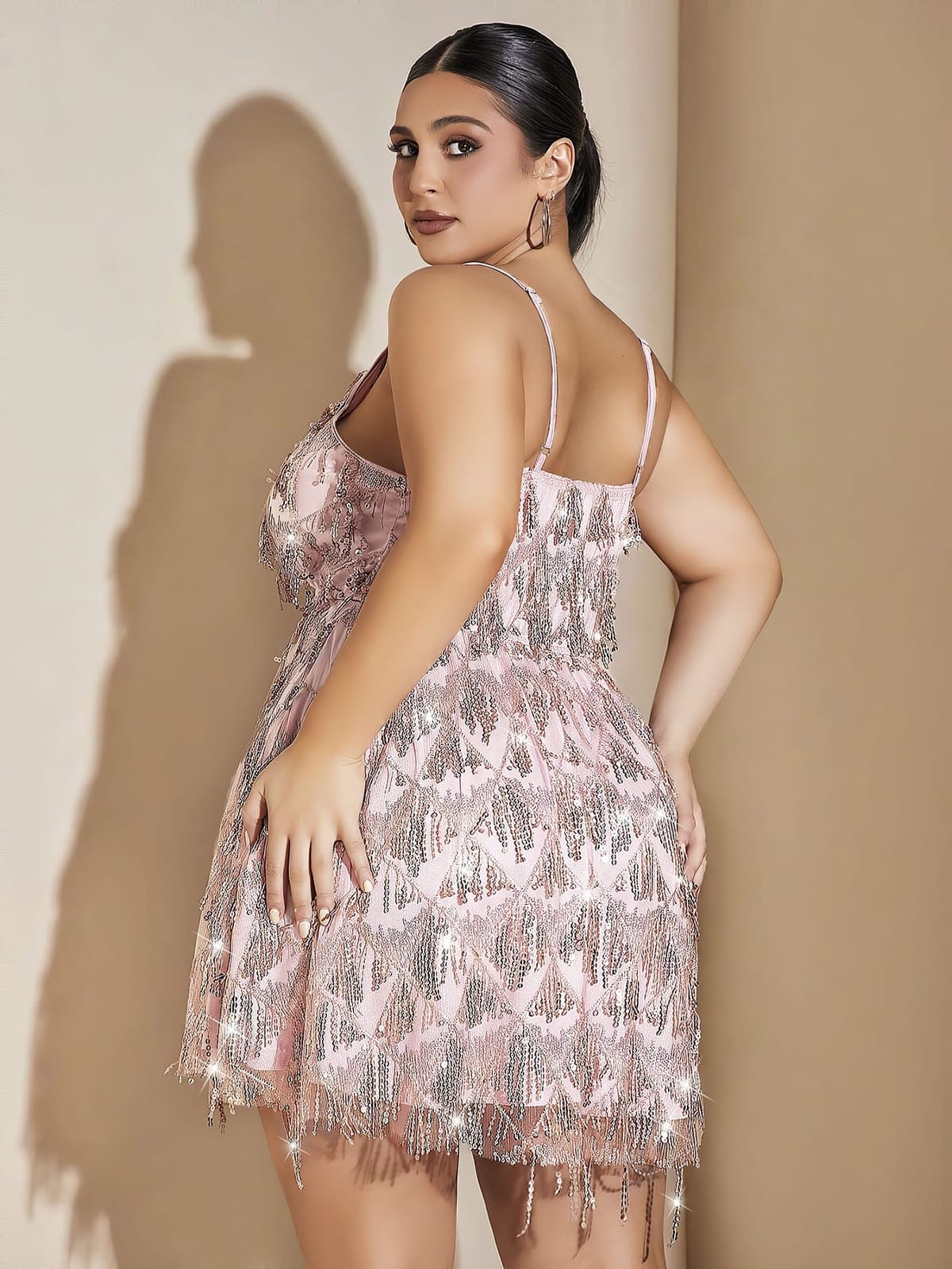 Işıltılı Mini Elbise Büyük Beden Pink Night 6513 - Ekru