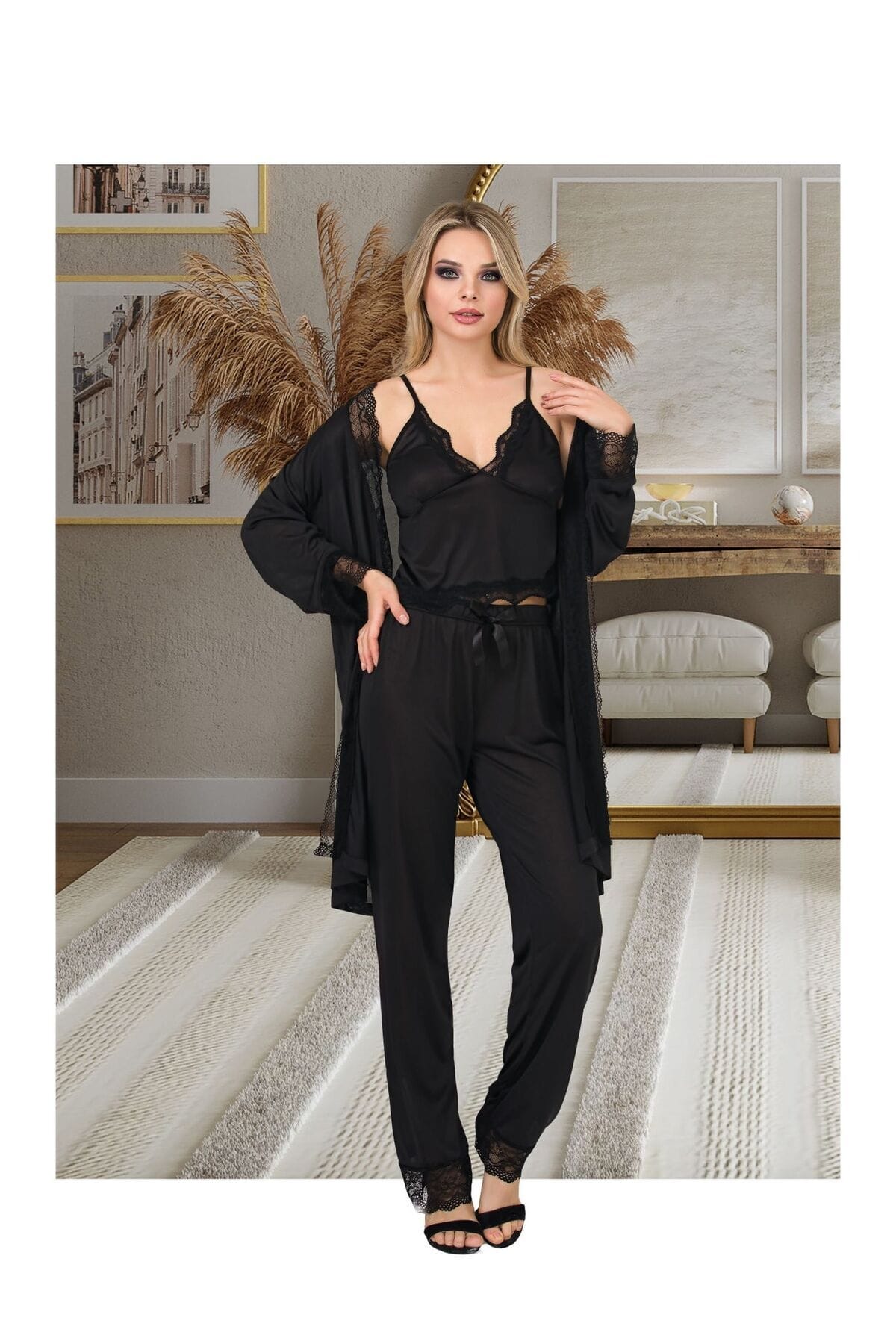 Siyah Dantelli Atlet Pijama Takımı İzabel 5013 - Siyah