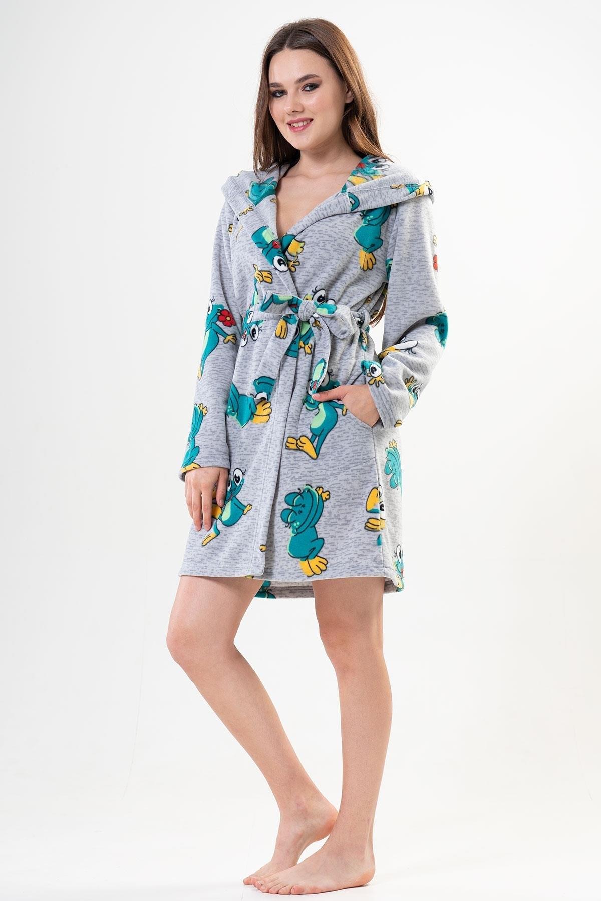 Kapüşonlu Kuş Desenli Kadın Polar Sabahlık Vienetta 203187 - Gri Melanj