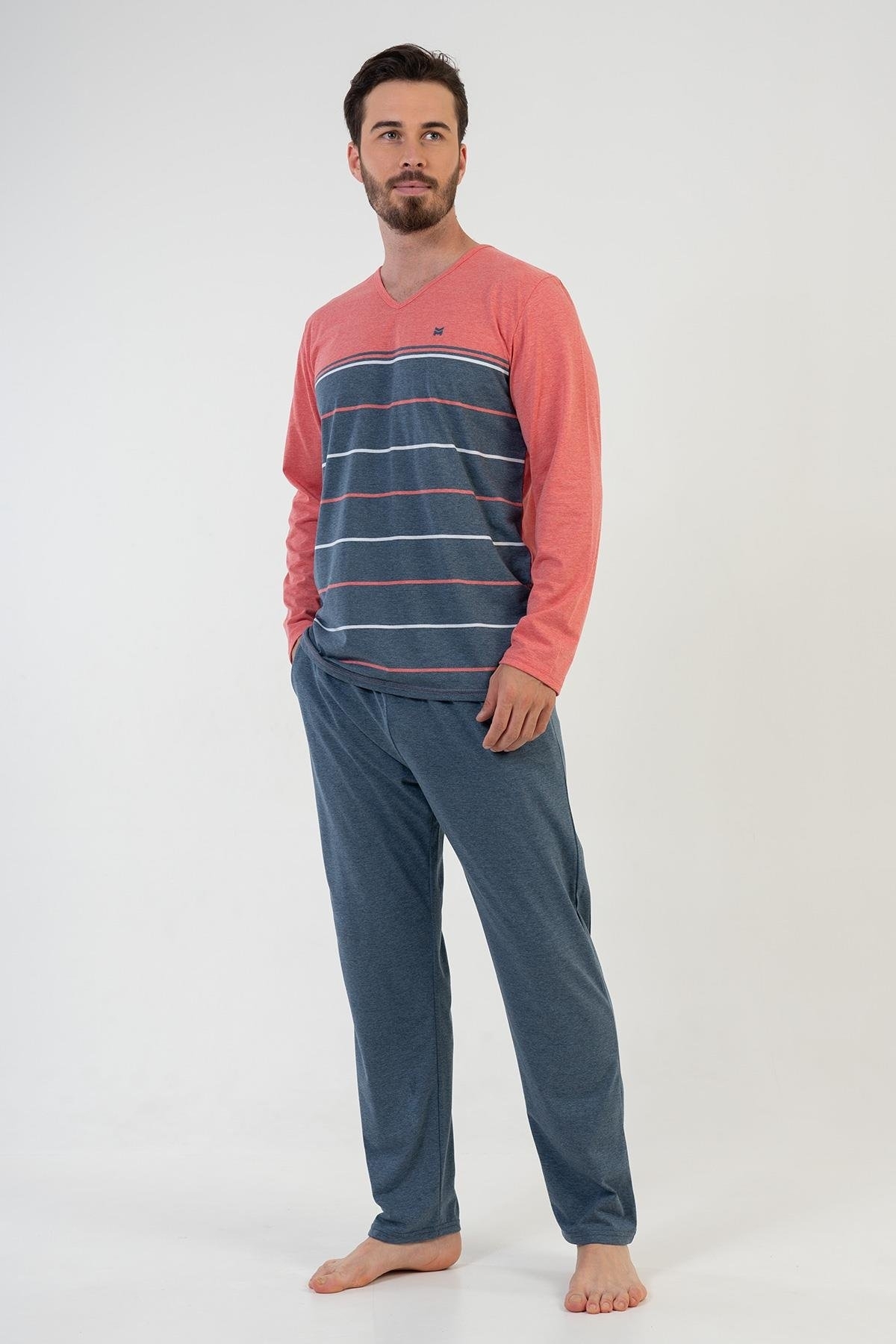 Pamuklu Çizgili V Yaka Uzun Kollu Erkek Pijama Takımı Vienetta 204122 - Mercan