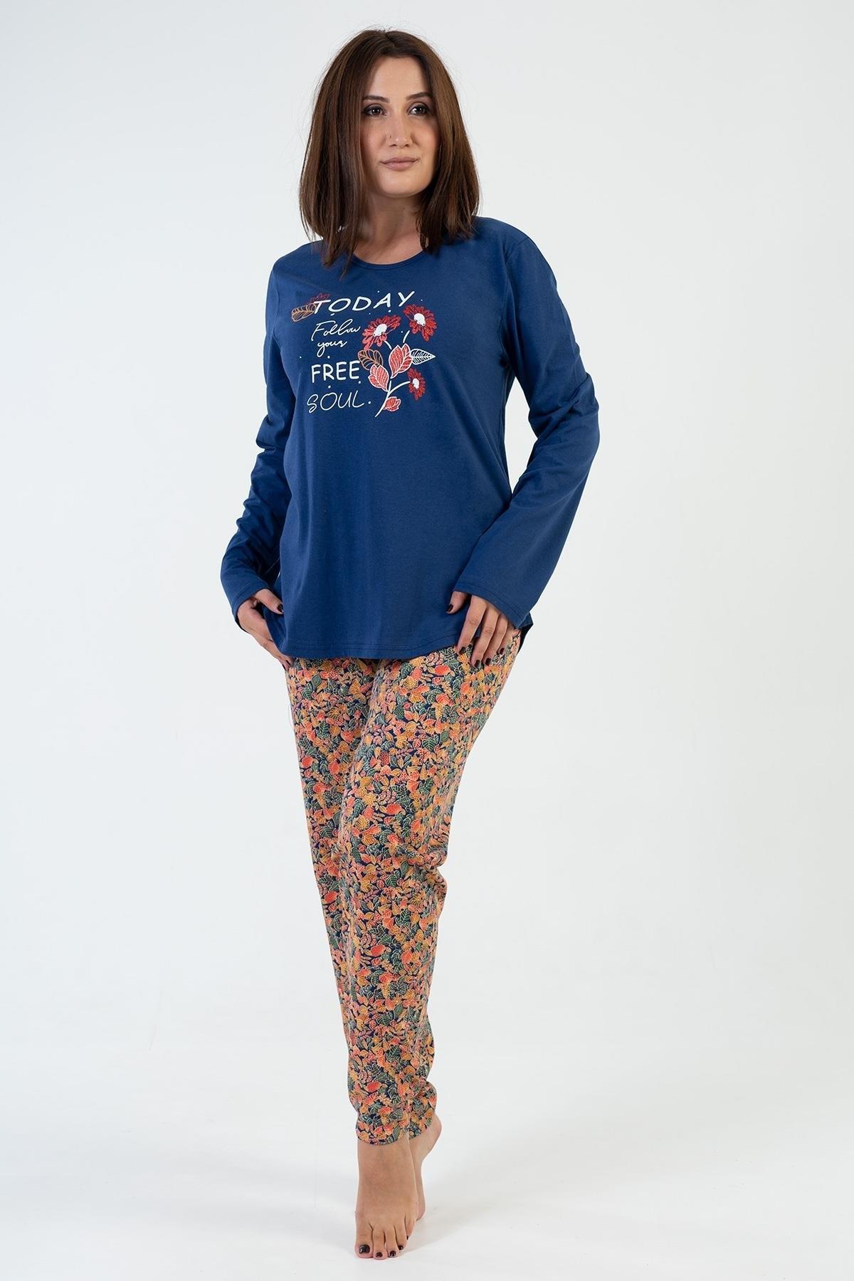 Pamuklu Baskılı Uzun Kollu Pijama Takımı Vienetta 206017 - Lacivert