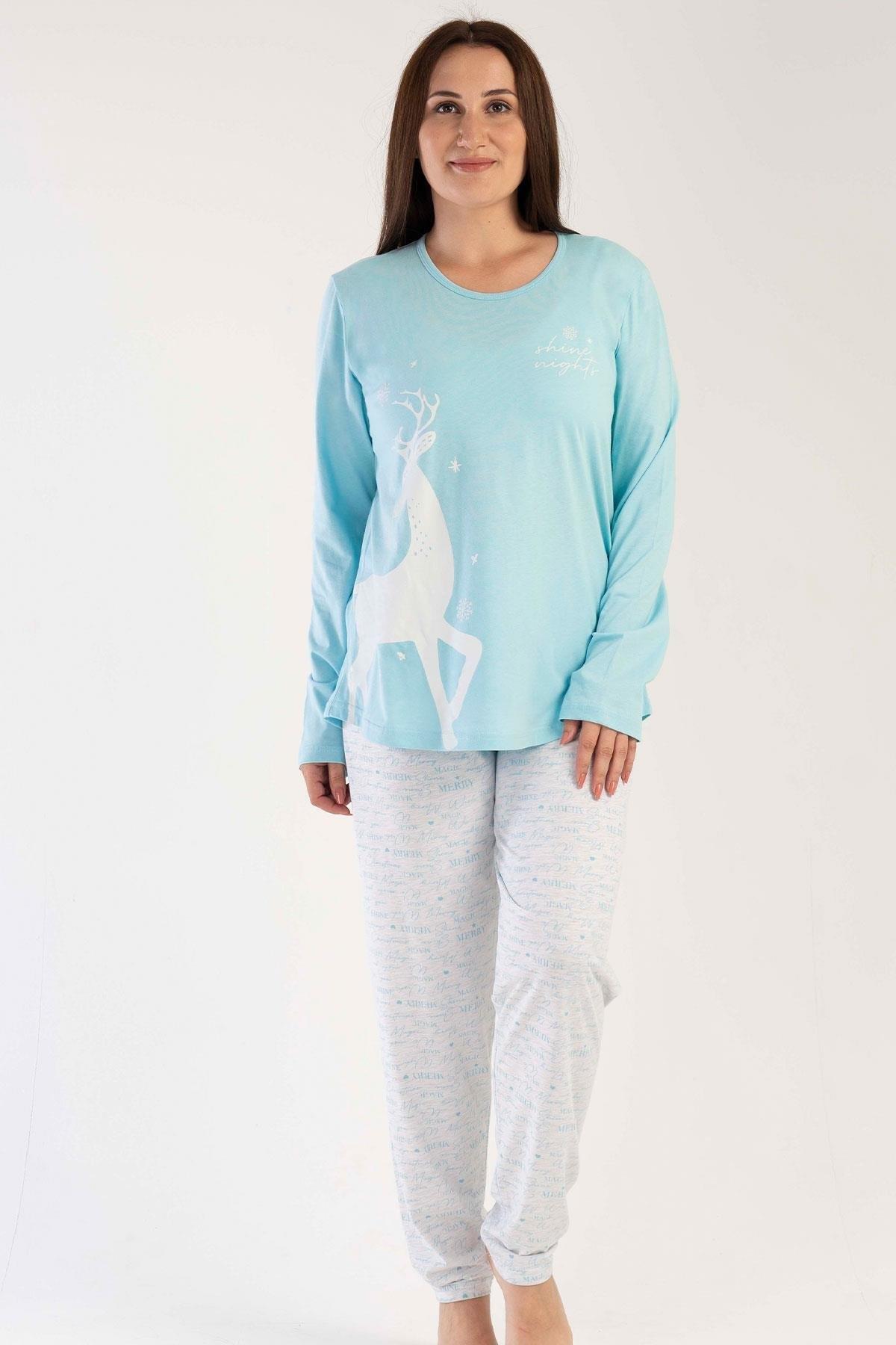 Uzun Kollu Geyikli Kadın Pijama Takımı Vienetta 303126 - Açik Mavi