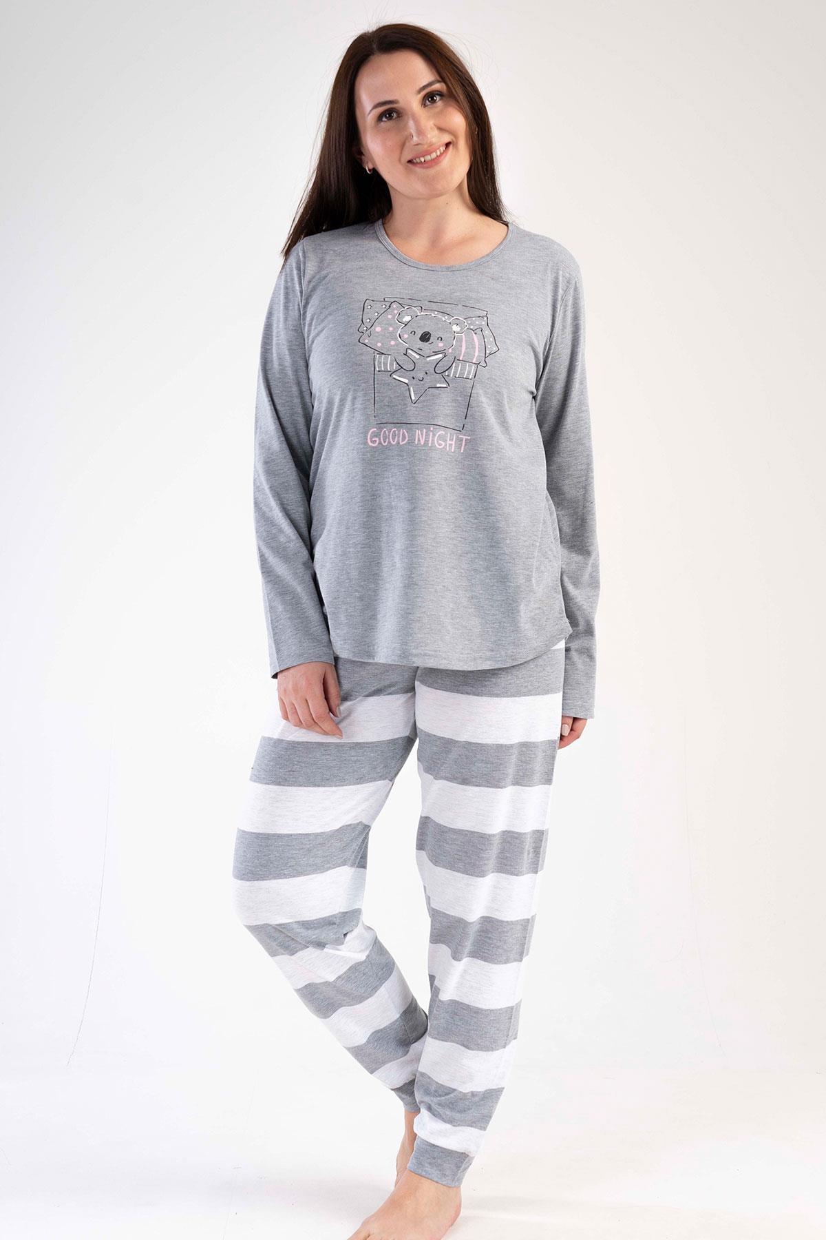 Gri Melanj Uzun Kollu Koala Baskılı Çizgili Alt Kadın Pijama Takımı Vienetta 303154 - Gri