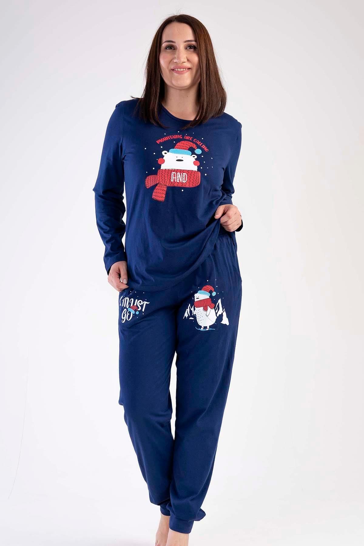Kış Baskılı Kadın Pijama Ev Giyim Takımı Vienetta 303287 - Lacivert