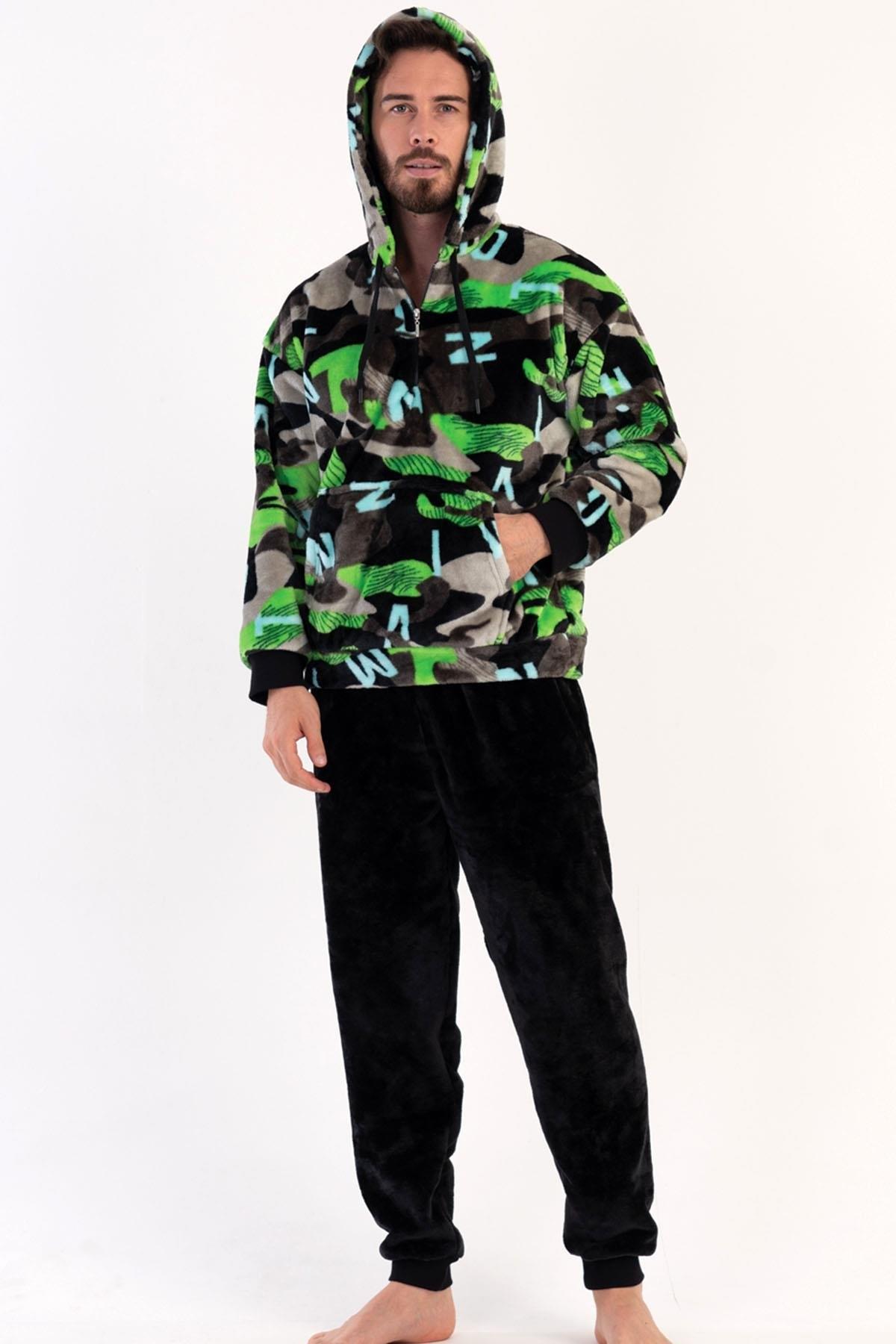 Kamuflaj Desenli Kapüşonlu Erkek Pijama Vienetta 304079 - Siyah