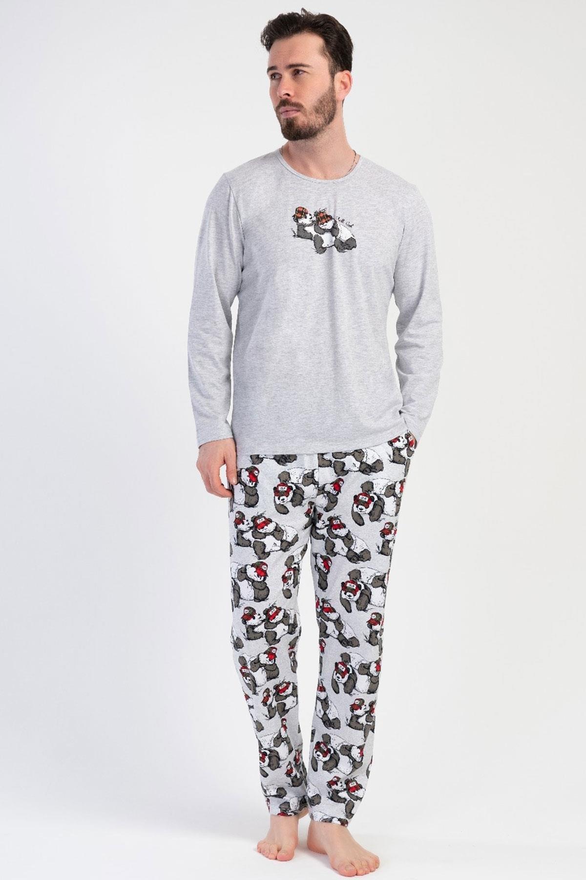Panda Desenli Uzun Kollu Pijama Takımı Vienetta 312107 - Gri Melanj