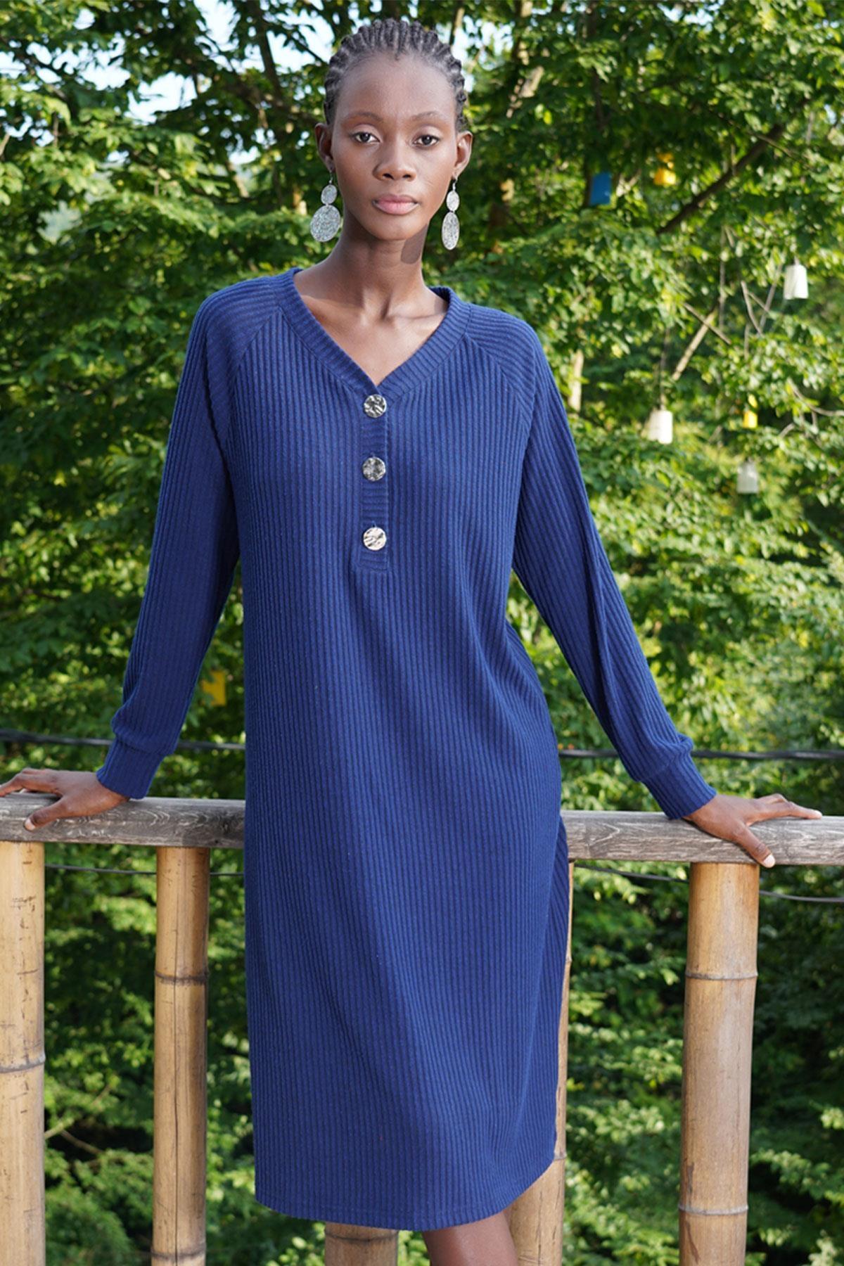 Lacivert Düğmeli V Yaka Uzun Kollu Elbise Vienetta 405051 - Lacivert