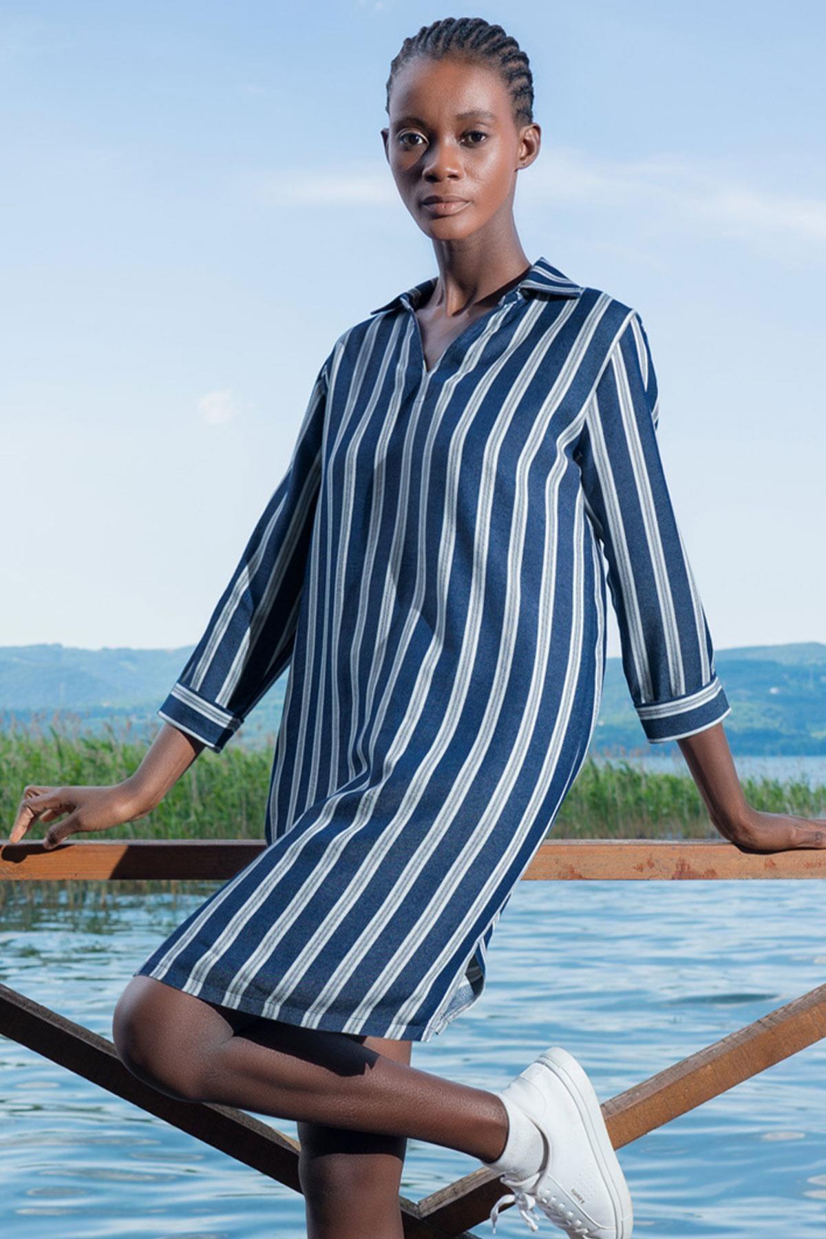 Geniş Çizgili Düğmeli Mavi Kadın Tunik Gecelik Vienetta 405097 - Mavi