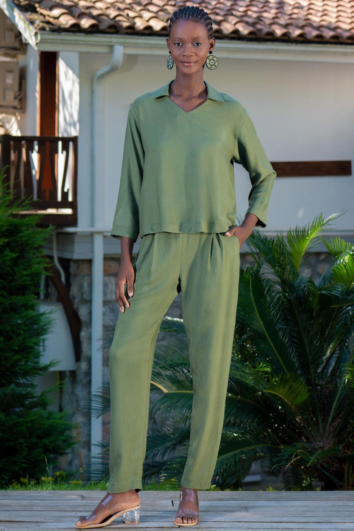 Lila Renk Gömlek Yaka Kadın Ev Giyimi Vienetta 405099 - Haki