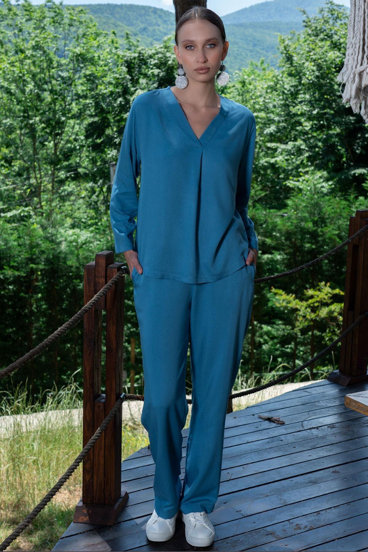 V Yaka Cepli Uzun Kollu Kadın Pijama Takımı Vienetta 405103 - Safir