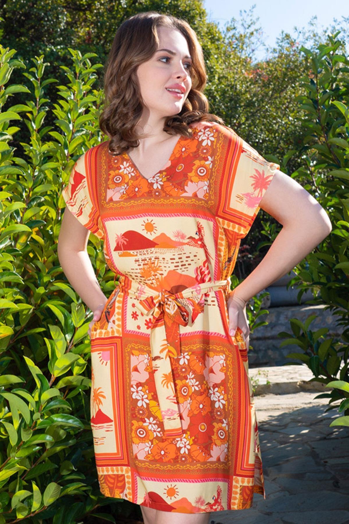 Desenli Pamuklu Kısa Elbise Bordo Vienetta 409260 - Somon