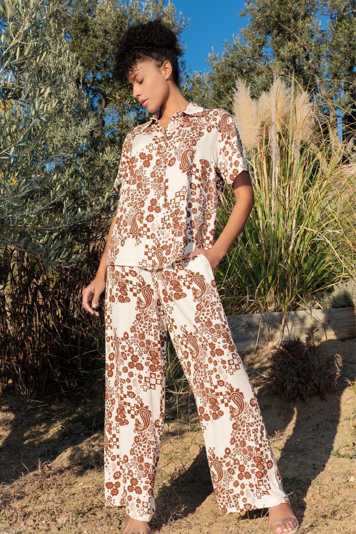 Desenli Kısa Kollu Pijama Takımı Vienetta 409276 - Bej