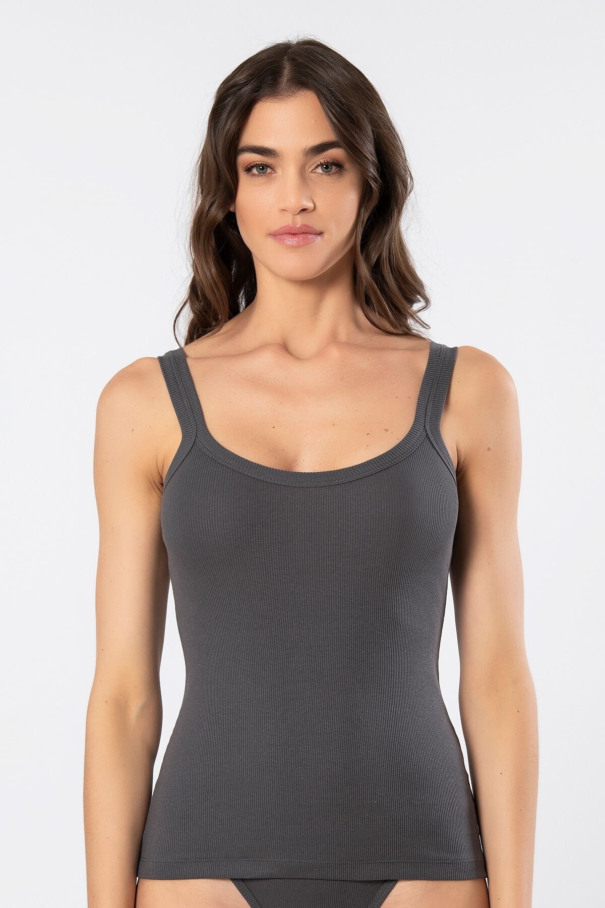 Kalın Askılı Ribana Kadın Atlet Pamuklu Kahverengi Türen 3406 - Antrasit