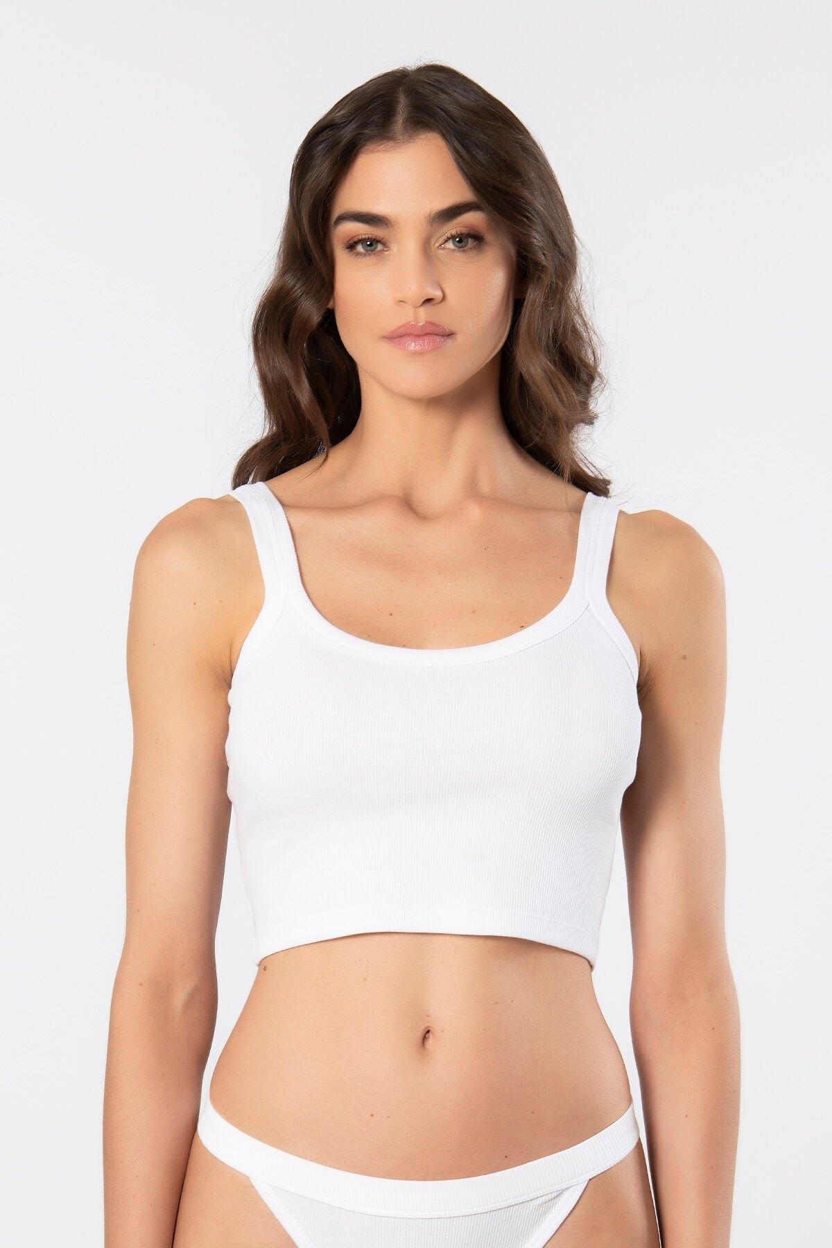 Kalın Askılı Ribana Crop Kadın Atlet Türen 3405 - Beyaz